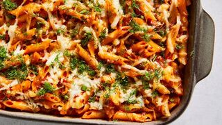 Baked Tomato Pasta With Harissa and Halloumi.