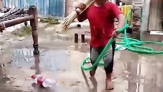 Cute Baby cleaning the floor