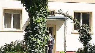 German Police  family of geese back to their home at the park
