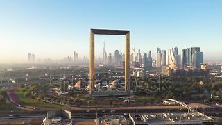 Aerial view of Dubai frame landmark during the sunset, Dubai, U.A.E