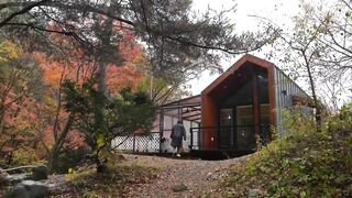 Camping at Tiny House cabin with Woodstove in the Rain