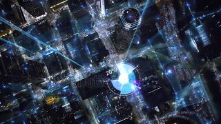 Aerial Futuristic Over Head view High Tech City with FX Economy Financial Charts