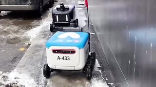 Two extremely polite autonomous robots trying to pass each other on the narrow path