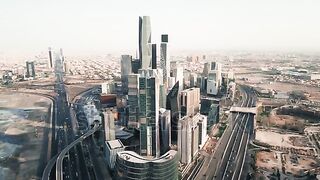Drone video from above of the King Abdullah Financial District (KAFD) in the city of Riyadh