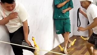 Screaming chicken blindfolded and beating people challenge!