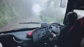 Volvo Driver Out for a Foggy Ghat Section Ride, Extra long Multi Axle Bus Tourist Car Explorer