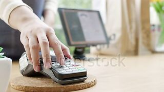 Close-up hand asia woman people work in small sme coffee cafe shop store owner use cashless wifi qr code nfc scan app smart pos