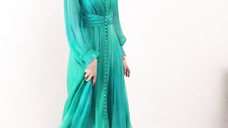 Spring/Summer New French Hepburn Style Blue Long sleeved Dress V-Neck Mesh Spliced Waist Slim Over Knee Long Dress