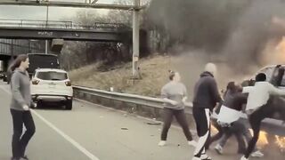 A group of Good Samaritans save a driver in Minnesota from his burning car after an accident on Highway I-94