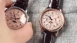 Corgeut 42mm Automatic Men's Watch Date Day Month Year Rose Gold Dial Multifunction 316L Leather Strap Polished Case Day Night