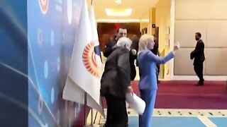 Russian and Ukrainian delegates fight for flag at conference