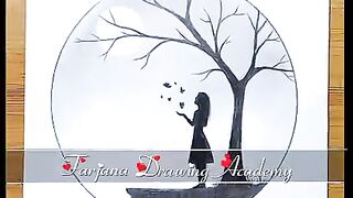 How to drawing a girl With Butterfly in Moonlight for Beginning (◕‿◕)(◕‿◕)