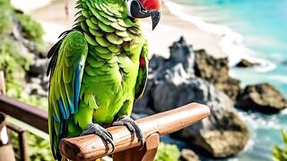 "Beachside Serenity: Parrot Perched in Tranquility"