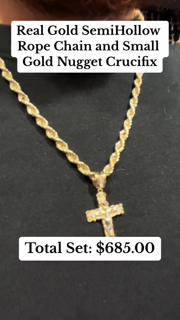 Real Gold Semi Hollow Rope Chain & Small Nugget Crucifix Pendant by ...