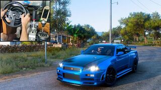 Nissan Skyline R34 GTR with massive horse power , in Forza Horizon 5, using Thrustmaster T300RS GT +TH8A Shifter  & TSS Handbrake.