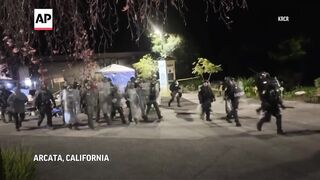 Police clear protesters, arrest reporter at California State Polytechnic University, Humboldt.