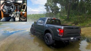 Ford F-150 Raptor offroading on a dangerous places along the river through the Cascade , in Forza Horizon 5, using Thrustmaster