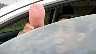 Pressing ham sausages with car windows