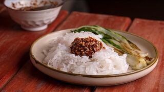 Korean Radish Rice with a Spicy Sauce - Mu Bap - Easy Vegan Recipe