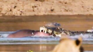 A violent battle between a hippopotamus and a crocodile