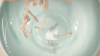 Pouring milk into a marshmallow cereal bowl