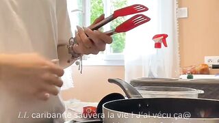 A cool hostess prepares food