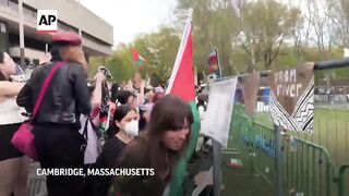 Pro-Palestinian protesters knock down barrier at MIT.