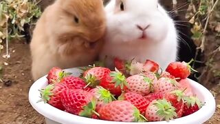 The little rabbit realizes the freedom of petting strawberries. Rabbit, a cute little pastoral pet.