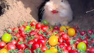 The little rabbit ate tomatoes and his mouth turned red. Cute pet. Little cute pet in the countrysi.