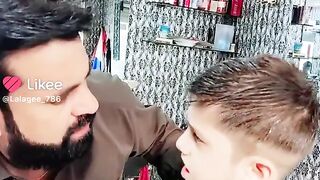 Boy joke with hair dresser