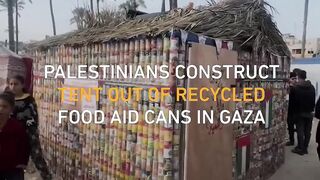 Palestinians build tent out of tin cans