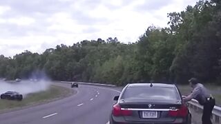 Dashcam video shows officer on side of road narrowly escape careening BMW #Shorts