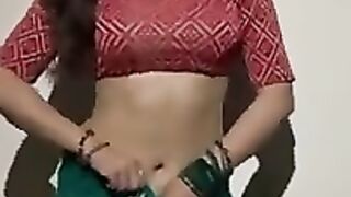 Green_Silk_Half_Saree_with_Matching_Red_Printed_Boat_Neck_Blouse___Fashion_Model_Saree_Pose