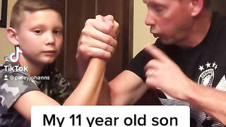 My son bet that he can beat me at arm wrestling