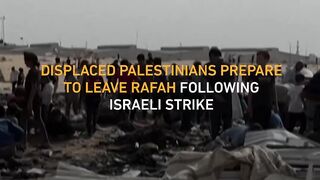 Displaced Palestinians prepare to leave Rafah following Israeli strike