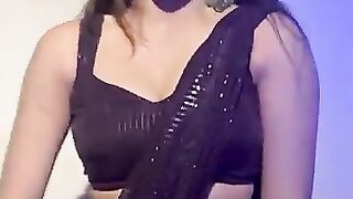 Low_Hip_Saree_Draping_Style___Black_Glitter_Saree_with_Matching_same_Fabric_Blouse___saree_model