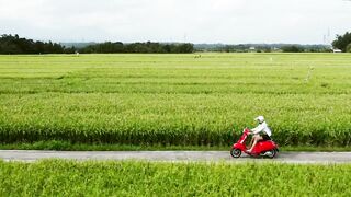 Man rides red scooter through green farm fields