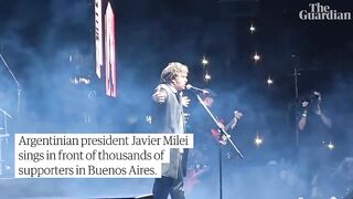 Argentinian president Javier Milei belts out rock song at book launch.