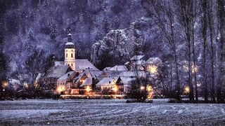 Village view in snow fall