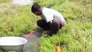 Little boy catching golden fish