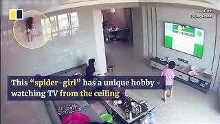 ‘Real-life Spider-Girl’ watches TV from ceiling