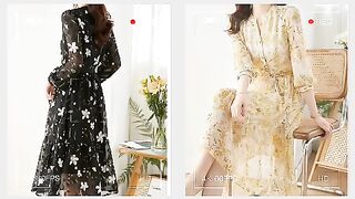 Women Vintage Floral Chiffon Dress, Long Sleeve, Tie Belt, Swing Midi, Tiered Dresses, Vacation Clothes, Elegant, Spring