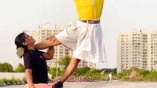 Young girl enjoy public place jump
