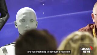 _Will your existence destroy humans___ Robots answer questions at AI press conference.