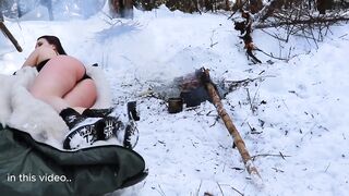 Sun and snow baths - Girl building a survival shelter - Bushcraft and camping only