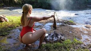 Brazilian girl - Relaxing and preparing a delicious barbecue by the river ASMR