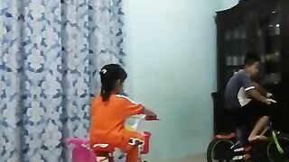 My children are learning to cycle at home.