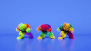 Three funny multicoloured men dancing to upbeat music