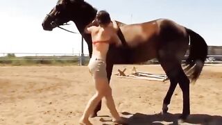 The horse helps the girl to climb
