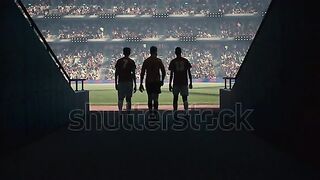 Three soccer players entering soccer field on the professional stadium. They are exiting the shadow. Sunny weather. Animated crowd.